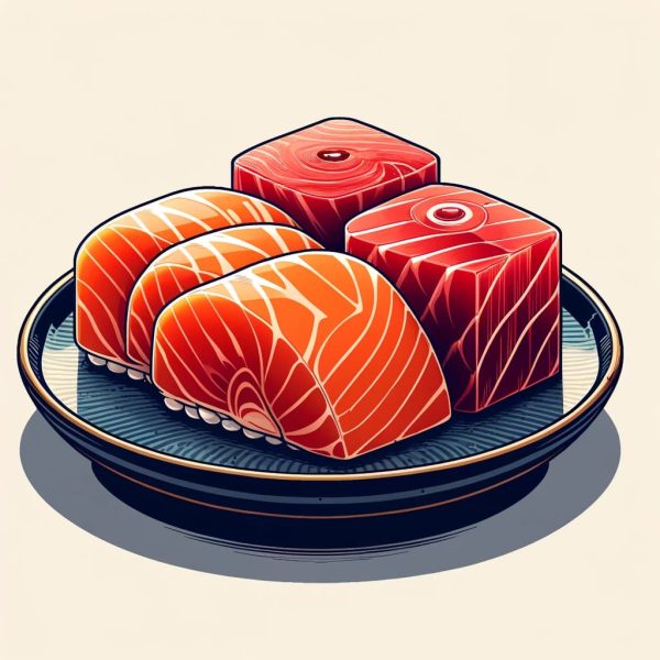 Vector-style image of Salmon and Tuna Sashimi on a delicate plate, showcasing vibrant orange salmon and deep red tuna slices