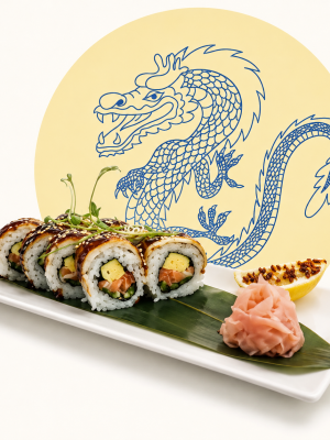 Dragon Roll served with pickled ginger and lemon on a leaf, featured over a blue dragon design on yellow.