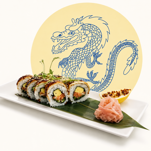 Dragon Roll served with pickled ginger and lemon on a leaf, featured over a blue dragon design on yellow.