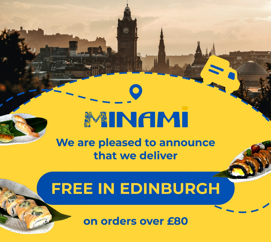 Promotional graphic for Minami delivery in Edinburgh. Text states free delivery on orders over £80, with sushi images and a city skyline in the background.