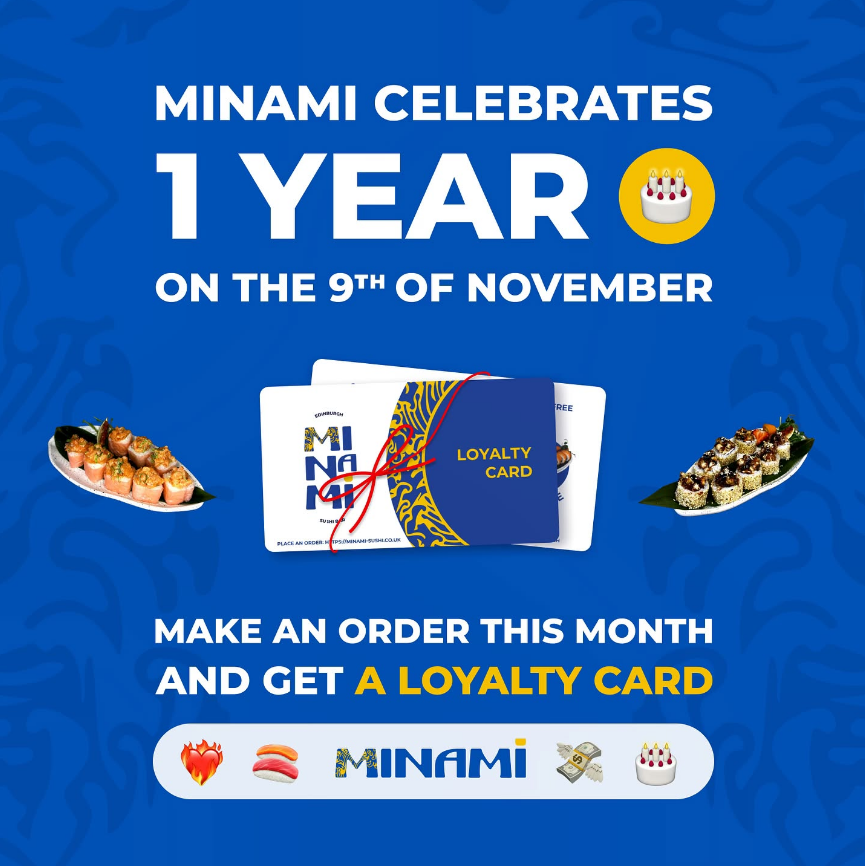 Promotion image for Minami's 1-year anniversary on November 9th, featuring a loyalty card offer and food images on a blue background.