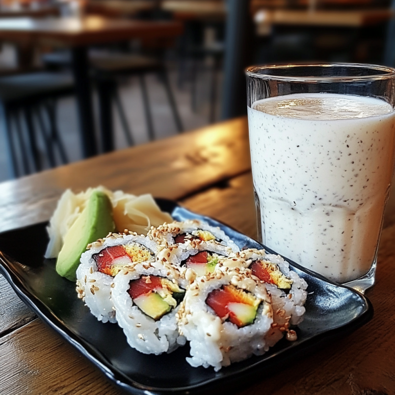 A plate of sushi rolls with avocado and ginger slices next to a glass of creamy yogurt on a wooden table.