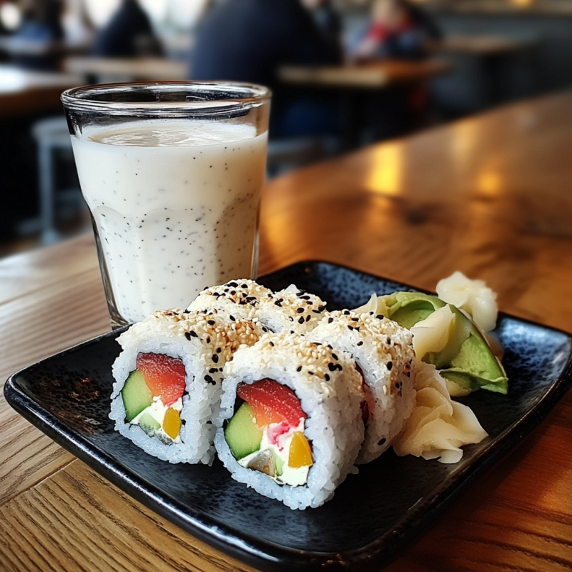 Sushi rolls with cucumber, avocado, and fish beside pickled ginger, wasabi, and a chia seed yogurt drink on a wooden table.