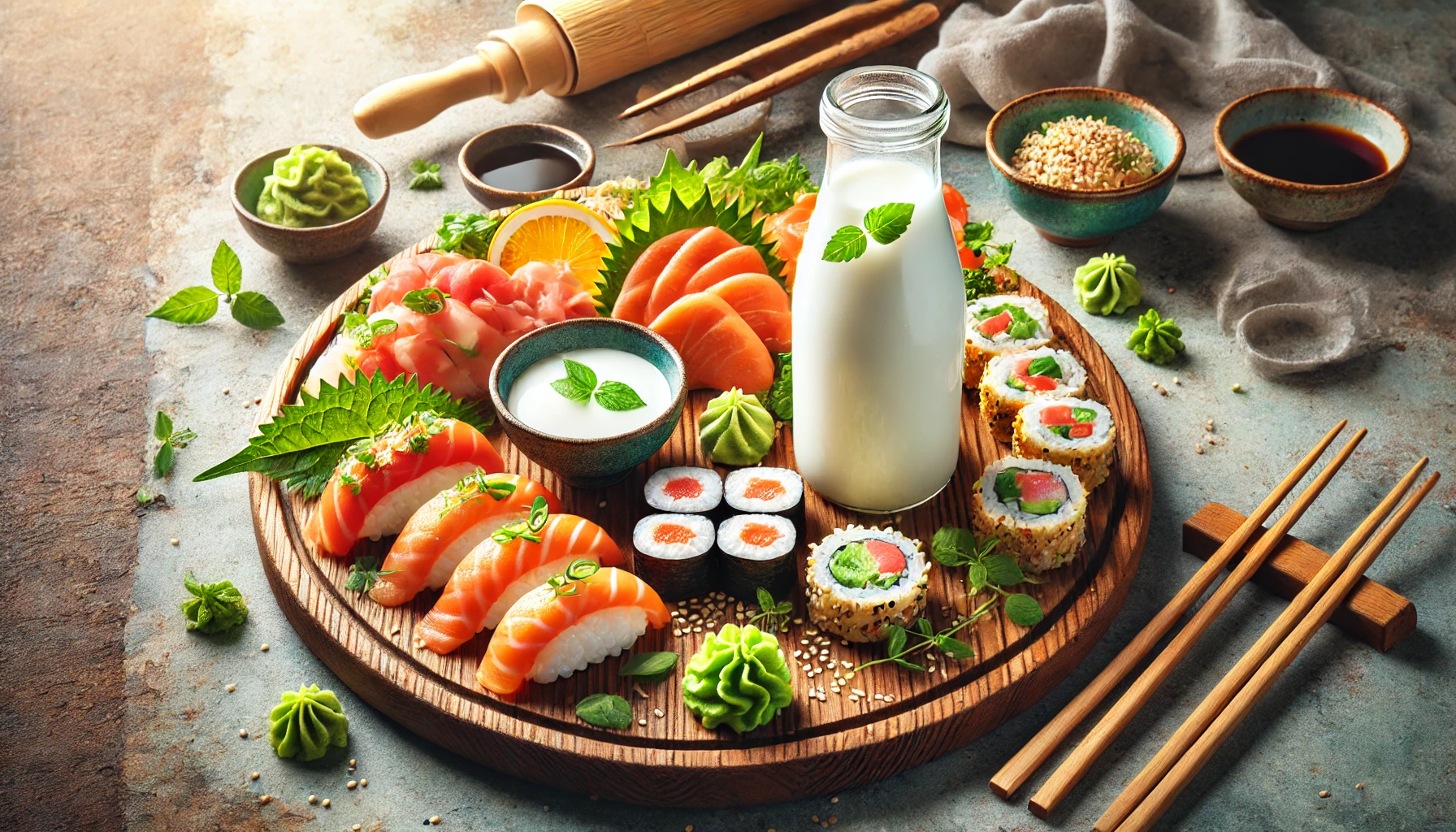 A wooden platter with assorted sushi, sashimi, a bottle of yogurt, dipping sauces, and chopsticks, garnished with herbs and lemon slices.