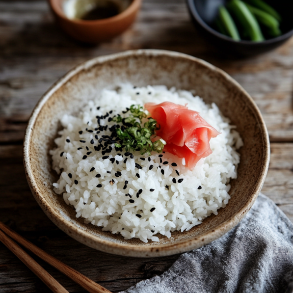 A bowl of white rice topped with black sesame seeds, pickled ginger, and chopped green onion, placed on a wooden table with chopsticks and side dishes in the background.