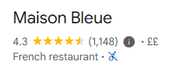 Maison Bleue French restaurant, rated 4.3 stars, offers Edinburgh Festival Fringe food in a moderately priced, charming setting.