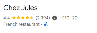 Chez Jules restaurant listing shows a 4.4-star rating from 2,994 reviews, £10–20 range; enjoy French food near the Edinburgh Festival Fringe.
