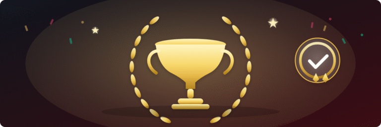 Gold trophy with laurel wreath, confetti, and a checkmark badge on a dark background symbolizes achievement or victory.