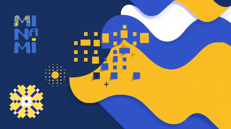 Abstract digital art with blue, yellow, and white wavy shapes, scattered squares, and geometric patterns, with MINAMI text on the left.