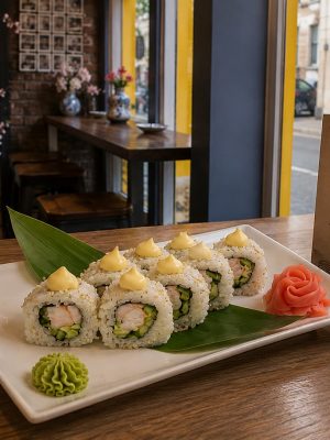 A plate of California shrimp sushi rolls topped with tobiko, wasabi, and pickled ginger sits beside a Minami menu on the table.