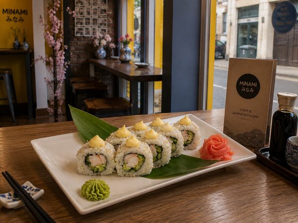 California shrimp (rice, nori, cucumber, avocado, shrimp, sesame, mayo) A plate of California shrimp sushi rolls topped with tobiko, wasabi, and pickled ginger sits beside a Minami menu on the table.