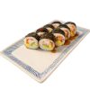 Eight Futomaki Crab Sweet Chili rolls with seaweed, rice, tuna, crab, egg & avocado, topped with sauce on a ceramic plate.