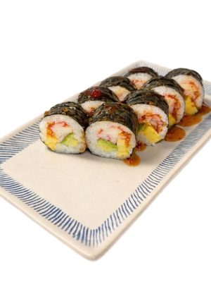 Eight Futomaki Crab Sweet Chili rolls with seaweed, rice, tuna, crab, egg & avocado, topped with sauce on a ceramic plate.