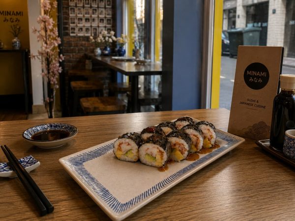 A plate of Futomaki Crab Sweet Chili sushi rolls sits on a wooden table with a menu, soy sauce, and chopsticks nearby.