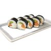 Eight salmon sushi rolls with rice and cucumber, plus a classic futomaki tuna, on a white plate. Product: Futomaki Salmon Phila.