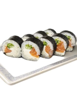 Eight salmon sushi rolls with rice and cucumber, plus a classic futomaki tuna, on a white plate. Product: Futomaki Salmon Phila.