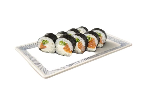 Eight salmon sushi rolls with rice and cucumber, plus a classic futomaki tuna, on a white plate. Product: Futomaki Salmon Phila.
