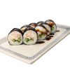 Six pieces of Futomaki Crab Sweet Chili sushi rolls on a rectangular white plate with a blue border.