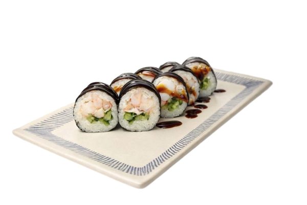Six pieces of Futomaki Crab Sweet Chili sushi rolls on a rectangular white plate with a blue border.