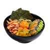 Tuna Hiyashi Poke in a black bowl with sliced fish, avocado, seaweed, rice, and toppings arranged in sections.