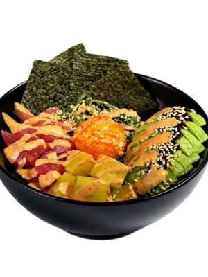 Tuna Hiyashi Poke in a black bowl with sliced fish, avocado, seaweed, rice, and toppings arranged in sections.