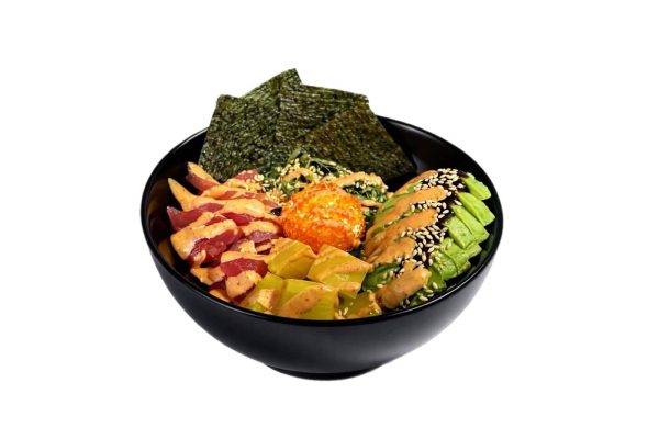 Tuna Hiyashi Poke in a black bowl with sliced fish, avocado, seaweed, rice, and toppings arranged in sections.