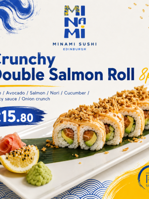 Crunchy Double Salmon Roll 8pcs: Avocado Tartarus, cucumber, ginger, lemon wedge & onion crunch. £15.80.