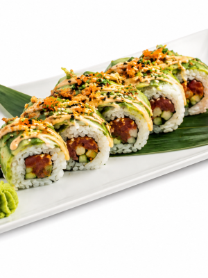 image_2026-07-11_172208029 The Rainbow Roll (Copy) is six sushi rolls on a plate, topped with avocado, crispy flakes, wasabi, ginger, and sauce.