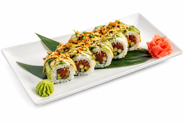 image_2026-07-11_172208029 The Rainbow Roll (Copy) is six sushi rolls on a plate, topped with avocado, crispy flakes, wasabi, ginger, and sauce.