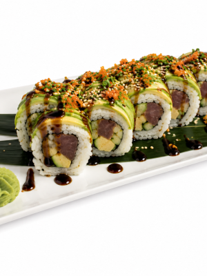 image_2026-07-11_172432857 Rainbow Roll (Copy): Eight sushi rolls with avocado, tuna, sauce; served with wasabi, ginger, and leaf garnish on a white plate.