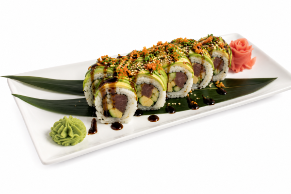 image_2026-07-11_172432857 Rainbow Roll (Copy): Eight sushi rolls with avocado, tuna, sauce; served with wasabi, ginger, and leaf garnish on a white plate.