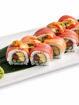 image_2026-07-11_172521452 Rainbow Roll (Copy) served on a rectangular plate with wasabi, pickled ginger, and leaf garnish.