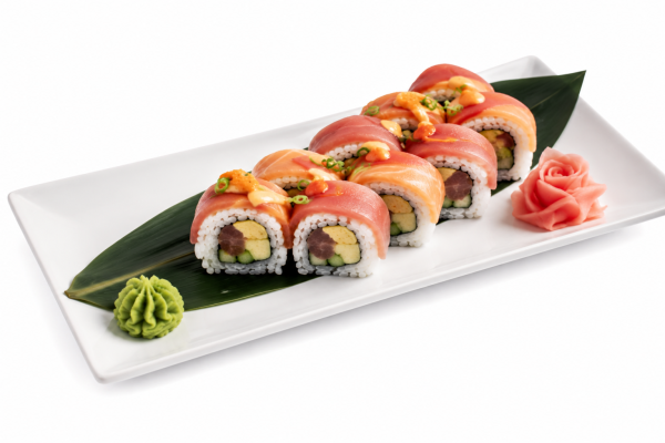 image_2026-07-11_172521452 Rainbow Roll (Copy) served on a rectangular plate with wasabi, pickled ginger, and leaf garnish.