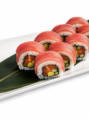 image_2026-07-11_172603304 Eight pieces of Rainbow Roll (Copy) with tuna, avocado, cucumber, wasabi, ginger, and a green leaf on a rectangular plate.