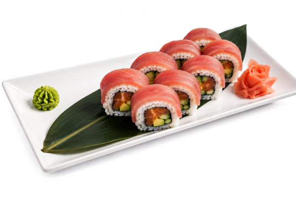image_2026-07-11_172603304 Eight pieces of Rainbow Roll (Copy) with tuna, avocado, cucumber, wasabi, ginger, and a green leaf on a rectangular plate.