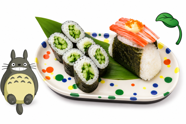 image_2026-07-13_090218915 Kids Sushi Totoro Set: includes cucumber rolls, crab stick onigiri, and cute Totoro and leaf illustrations.