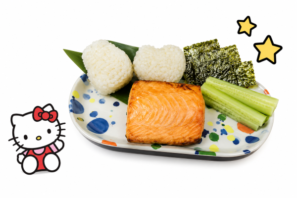 image_2026-07-14_165417068 Hello Kitty Sushi Set: Grilled salmon, 2 rice balls, seaweed, cucumber sticks & cute Hello Kitty and star designs.