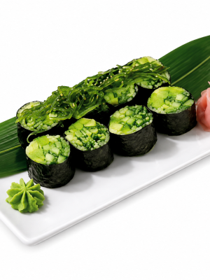 Six No Rice Sushi Emerald Rolls topped with seaweed salad, served with pickled ginger and wasabi on a white plate.