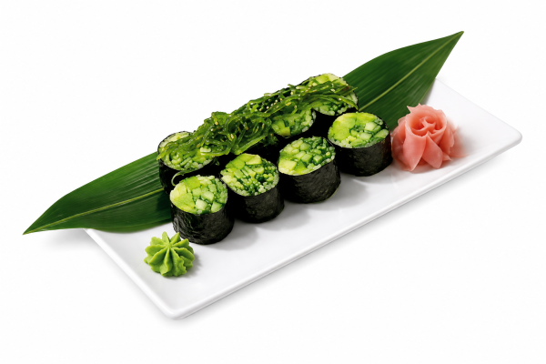 Six No Rice Sushi Emerald Rolls topped with seaweed salad, served with pickled ginger and wasabi on a white plate.