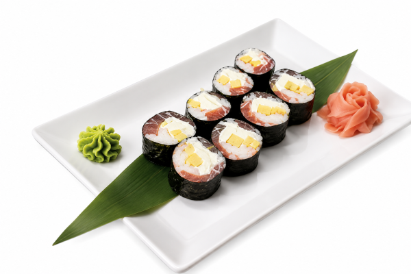 image_2026-07-19_093525022 Eight No Rice Sushi Royal Mango Tuna Roll pieces with seaweed, egg, fish, mango, wasabi, ginger, and a green leaf on a plate.