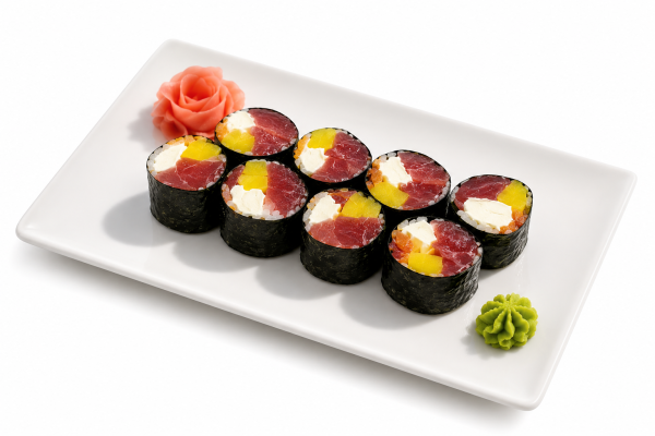 A rectangular plate with six No Rice Sushi Emerald Rolls, plus pickled ginger and wasabi, on a white background.